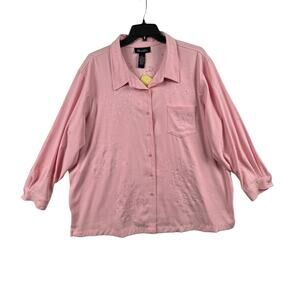 Denim and Co Womens Plus Size 3X Button Front Top Long Sleeve Floral Pink QVC